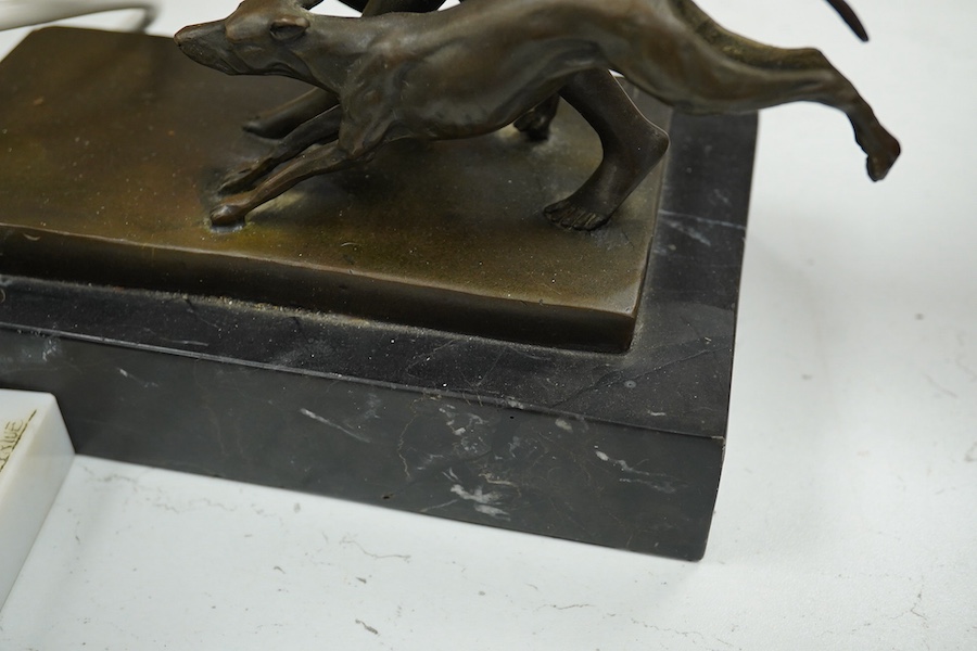 after Josef Lorenzl, a bronze model of Diana and a bronze ‘swallow’ lamp. Base signed H. Vriue